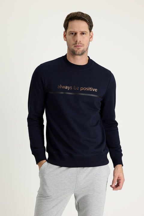 Medium Navy Crew Neck Slim Fit Printed Sweatshirt