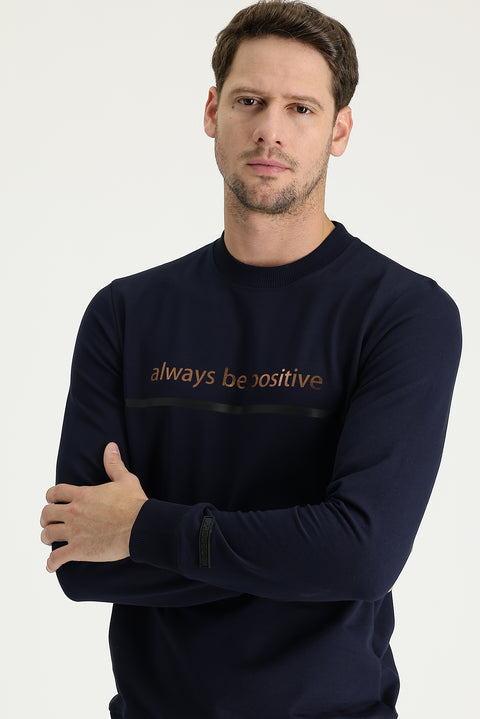 Medium Navy Crew Neck Slim Fit Printed Sweatshirt