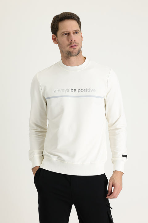 Ekru Bisiklet Yaka Slim Fit Dar Kesim Baskılı Sweatshirt