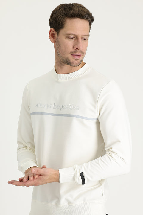 Ekru Bisiklet Yaka Slim Fit Dar Kesim Baskılı Sweatshirt