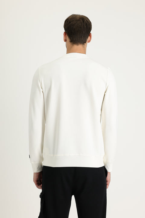 Ekru Bisiklet Yaka Slim Fit Dar Kesim Baskılı Sweatshirt