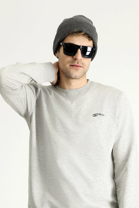 Medium Grey Melange Crew Neck Slim Fit Printed Cotton Sweatshirt