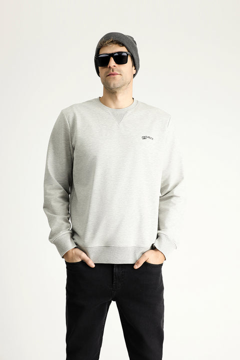 Medium Grey Melange Crew Neck Slim Fit Printed Cotton Sweatshirt