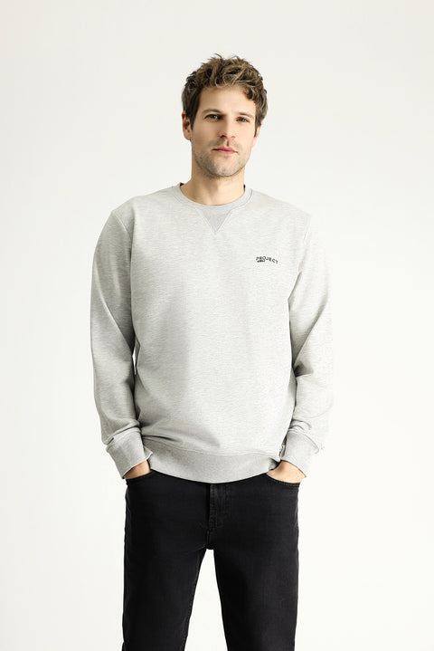 Medium Grey Melange Crew Neck Slim Fit Printed Cotton Sweatshirt