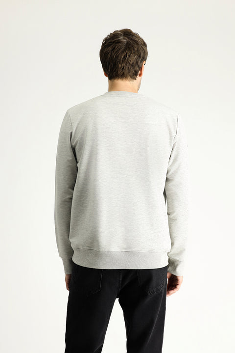 Medium Grey Melange Crew Neck Slim Fit Printed Cotton Sweatshirt