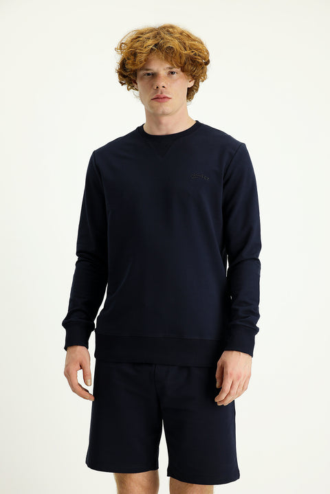 Medium Navy Crew Neck Slim Fit Printed Cotton Sweatshirt