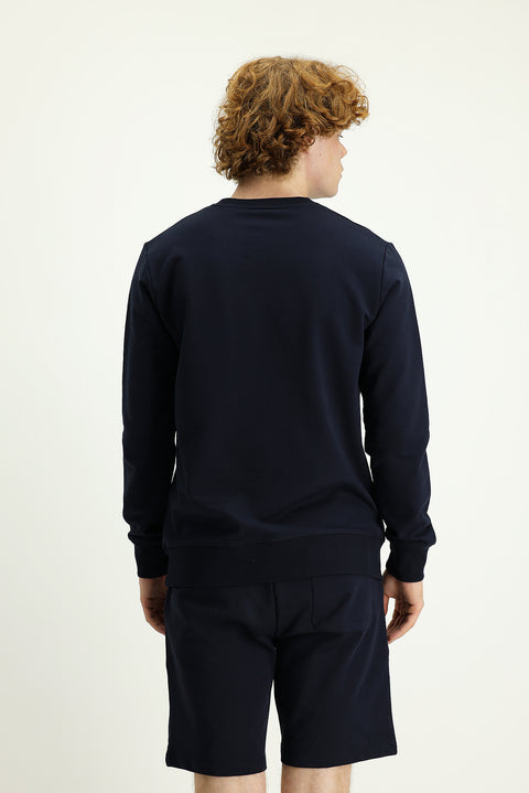 Medium Navy Crew Neck Slim Fit Printed Cotton Sweatshirt