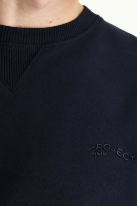 Medium Navy Crew Neck Slim Fit Printed Cotton Sweatshirt