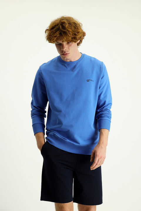 Aviator Blue Crew Neck Slim Fit Printed Cotton Sweatshirt