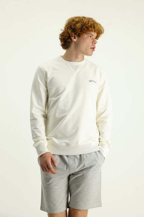 Ekru Bisiklet Yaka Slim Fit Dar Kesim Baskılı Pamuklu Sweatshirt