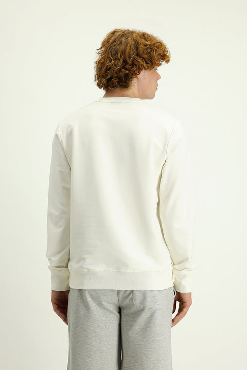 Ekru Bisiklet Yaka Slim Fit Dar Kesim Baskılı Pamuklu Sweatshirt