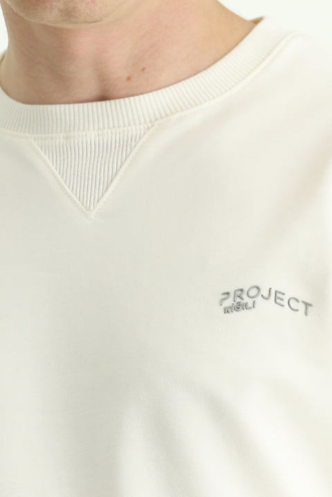 Ekru Bisiklet Yaka Slim Fit Dar Kesim Baskılı Pamuklu Sweatshirt