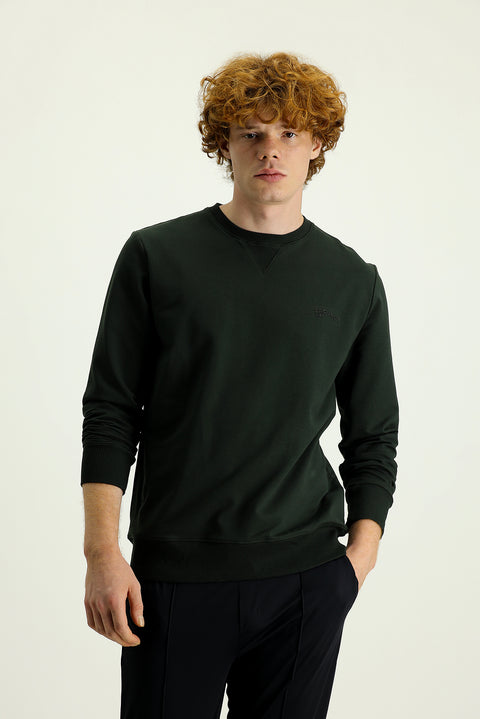 Orta Haki Bisiklet Yaka Slim Fit Dar Kesim Baskılı Pamuklu Sweatshirt