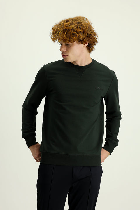 Orta Haki Bisiklet Yaka Slim Fit Dar Kesim Baskılı Pamuklu Sweatshirt