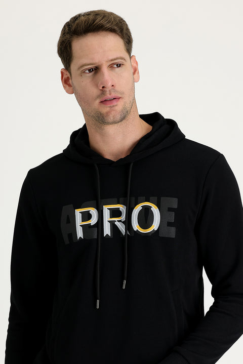 Black Hooded Slim Fit Printed Sweatshirt