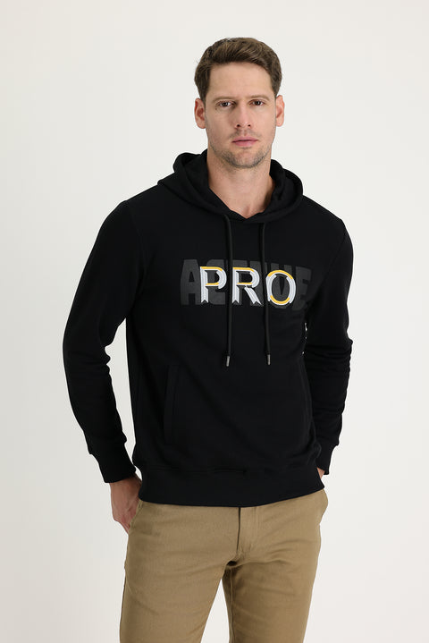Black Hooded Slim Fit Printed Sweatshirt