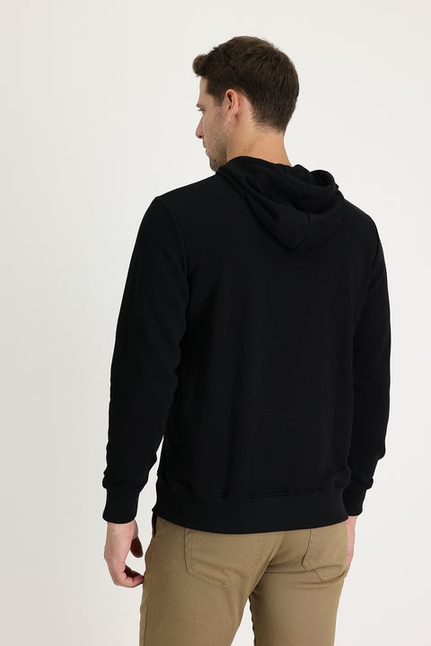 Black Hooded Slim Fit Printed Sweatshirt