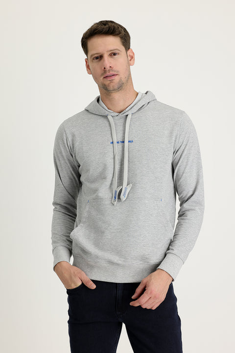 Light Grey Melange Hooded Embroidered Sweatshirt