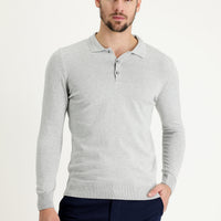Light Grey Melange Polo Collar Regular Fit Knitted Sweater