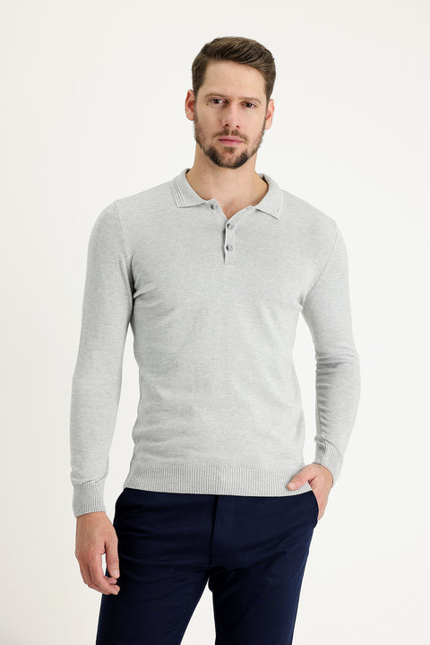 Light Grey Melange Polo Collar Regular Fit Knitted Sweater