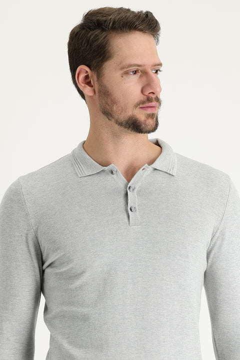 Light Grey Melange Polo Collar Regular Fit Knitted Sweater