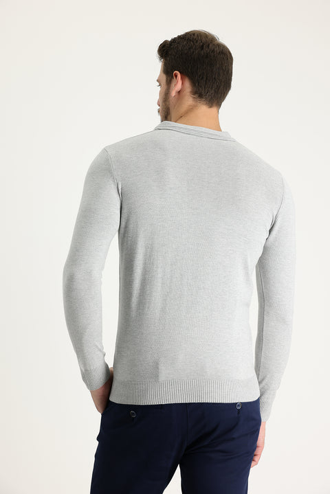 Light Grey Melange Polo Collar Regular Fit Knitted Sweater