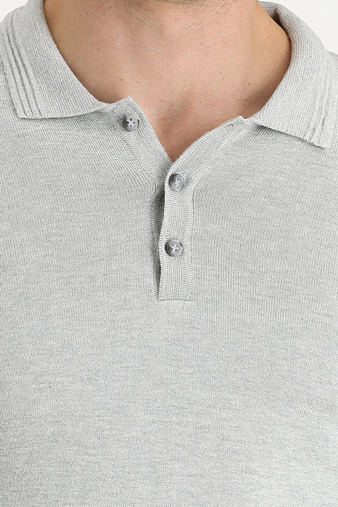 Light Grey Melange Polo Collar Regular Fit Knitted Sweater