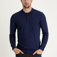 Medium Navy Melange Polo Collar Regular Fit Knitted Sweater