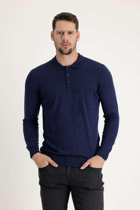 Medium Navy Melange Polo Collar Regular Fit Knitted Sweater