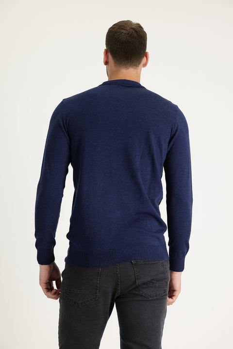 Medium Navy Melange Polo Collar Regular Fit Knitted Sweater