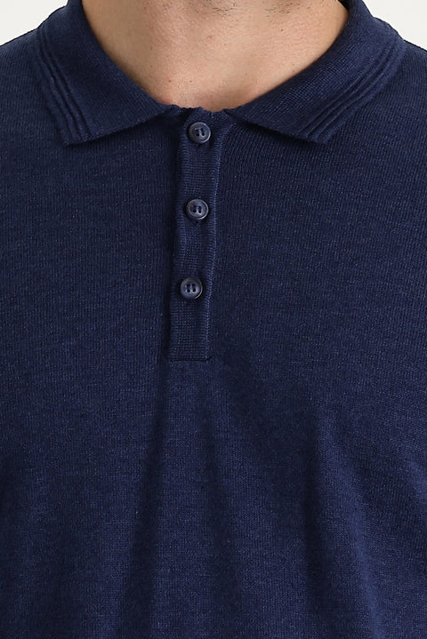 Medium Navy Melange Polo Collar Regular Fit Knitted Sweater