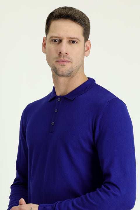 Saks Mavi Polo Yaka Regular Fit Pamuklu Triko Kazak