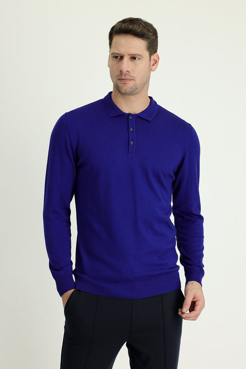 Saks Mavi Polo Yaka Regular Fit Pamuklu Triko Kazak