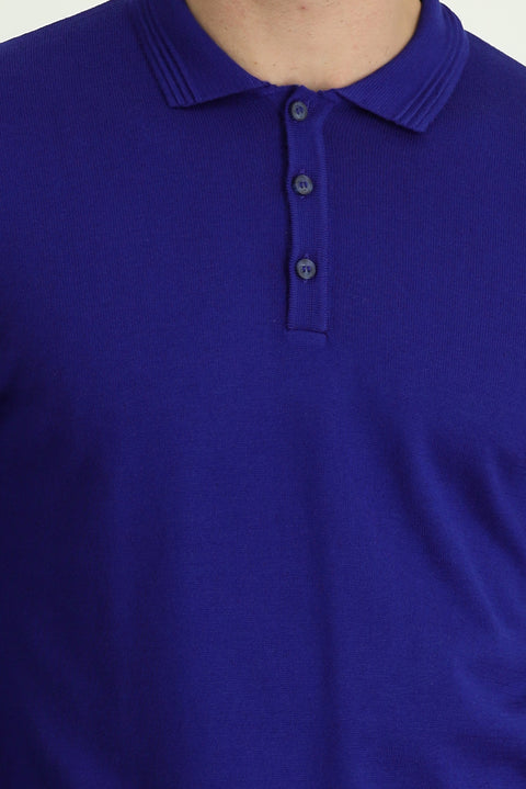 Saks Mavi Polo Yaka Regular Fit Pamuklu Triko Kazak