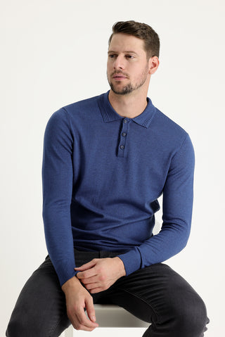  İndigo Melanj Polo Yaka Regular Fit Triko Kazak