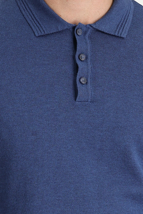 İndigo Melanj Polo Yaka Regular Fit Pamuklu Triko Kazak