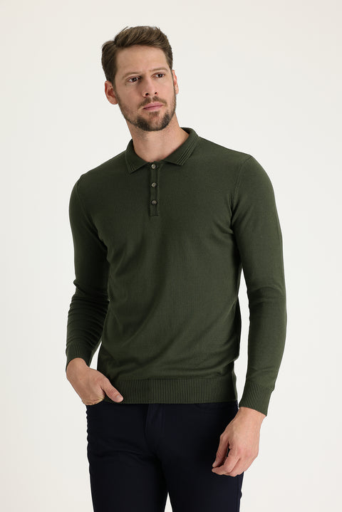 Medium Khaki Polo Collar Regular Fit Knitted Sweater
