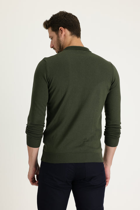 Medium Khaki Polo Collar Regular Fit Knitted Sweater