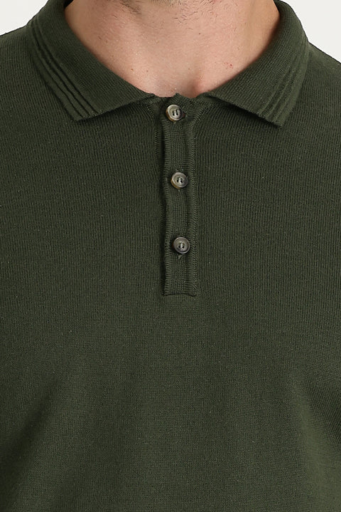Medium Khaki Polo Collar Regular Fit Knitted Sweater