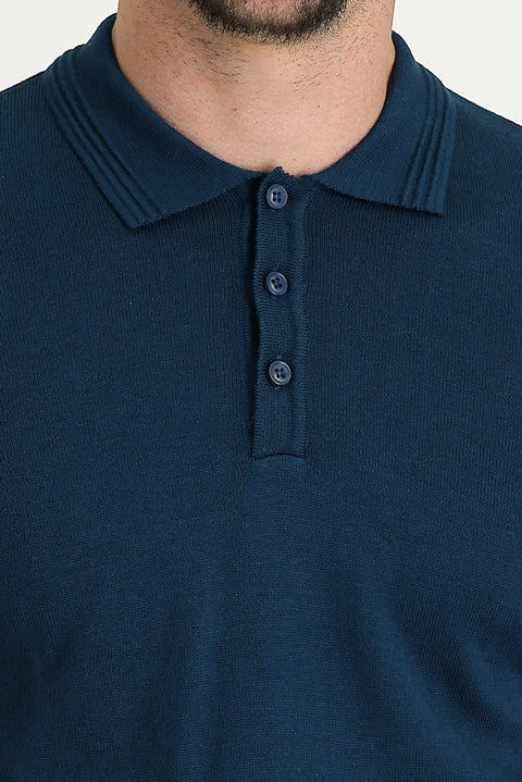 Orta Petrol Polo Yaka Regular Fit Pamuklu Triko Kazak