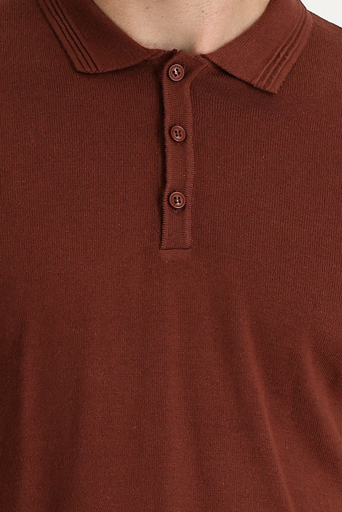 Kiremit Polo Yaka Regular Fit Pamuklu Triko Kazak