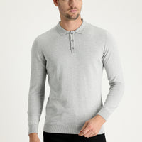 Light Grey Melange Polo Collar Regular Fit Cotton Knit Sweater
