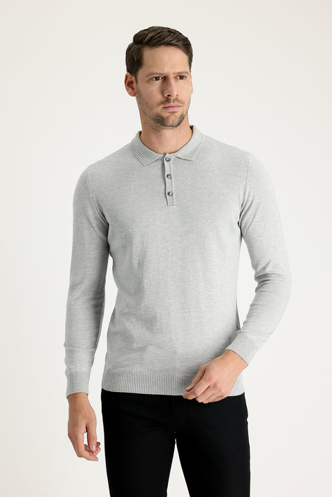 Light Grey Melange Polo Collar Regular Fit Cotton Knit Sweater