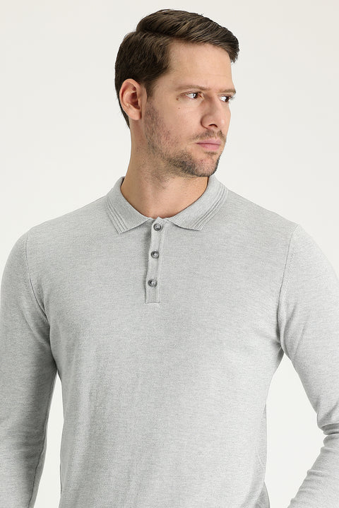 Light Grey Melange Polo Collar Regular Fit Cotton Knit Sweater