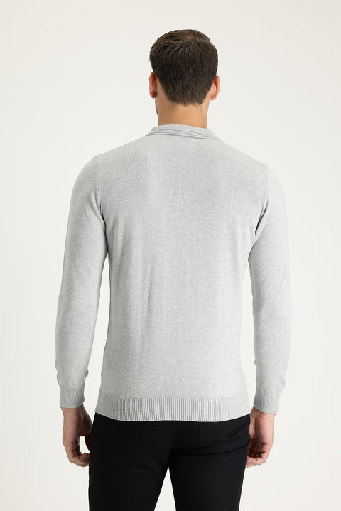 Light Grey Melange Polo Collar Regular Fit Cotton Knit Sweater