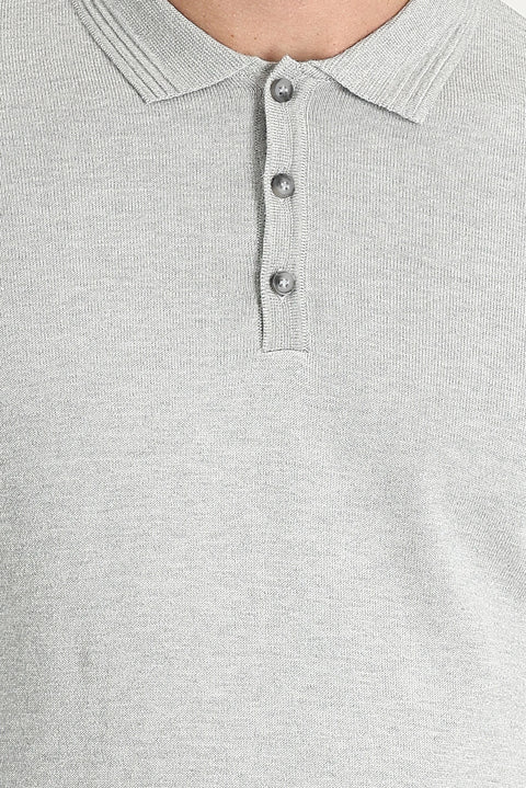 Light Grey Melange Polo Collar Regular Fit Cotton Knit Sweater