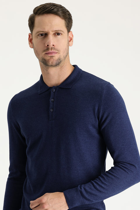 Orta Lacivert Melanj Polo Yaka Regular Fit Pamuklu Triko Kazak