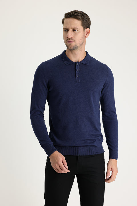 Orta Lacivert Melanj Polo Yaka Regular Fit Pamuklu Triko Kazak