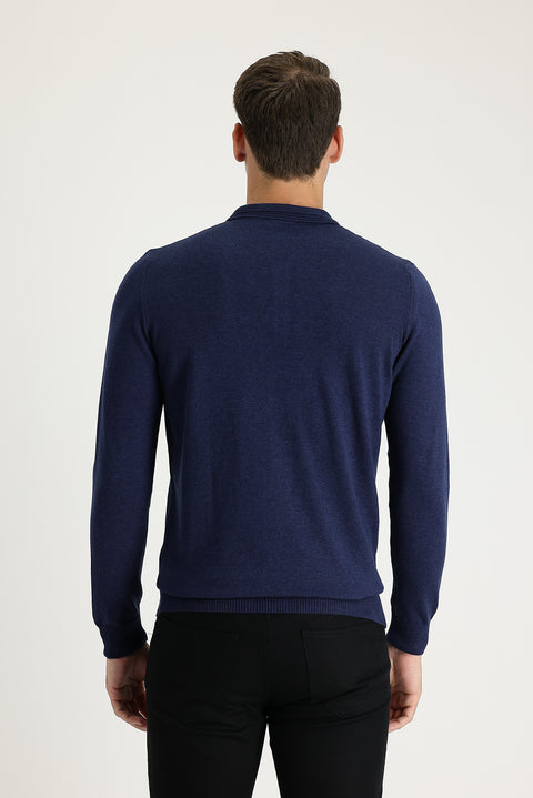 Orta Lacivert Melanj Polo Yaka Regular Fit Pamuklu Triko Kazak