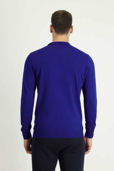 Saks Mavi Polo Yaka Regular Fit Pamuklu Triko Kazak